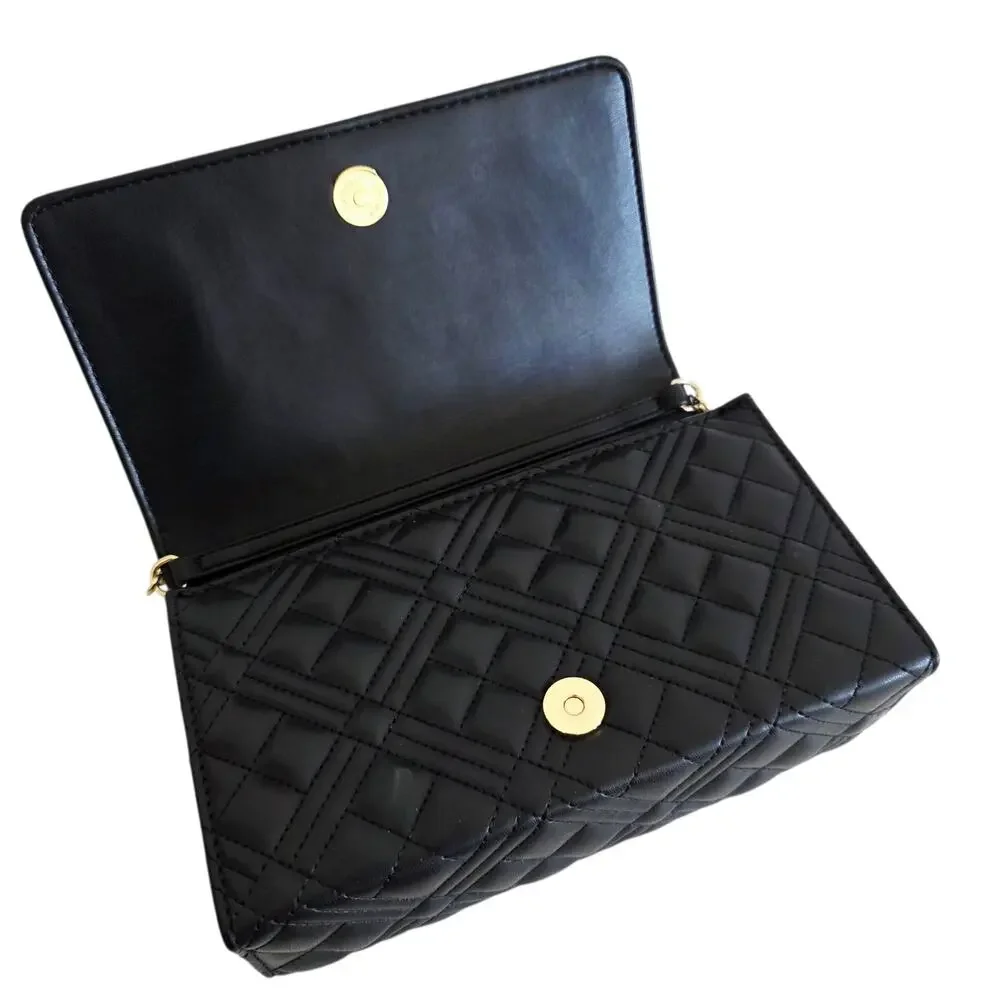 Love Moschino Black & Gold Quilted Faux Leather Clutch Crossbody Bag Chain Strap